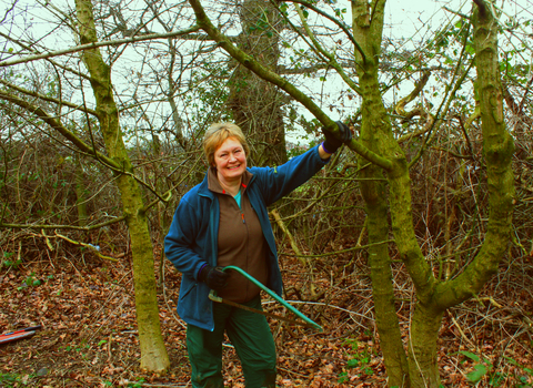 Anne with a saw in the woods 